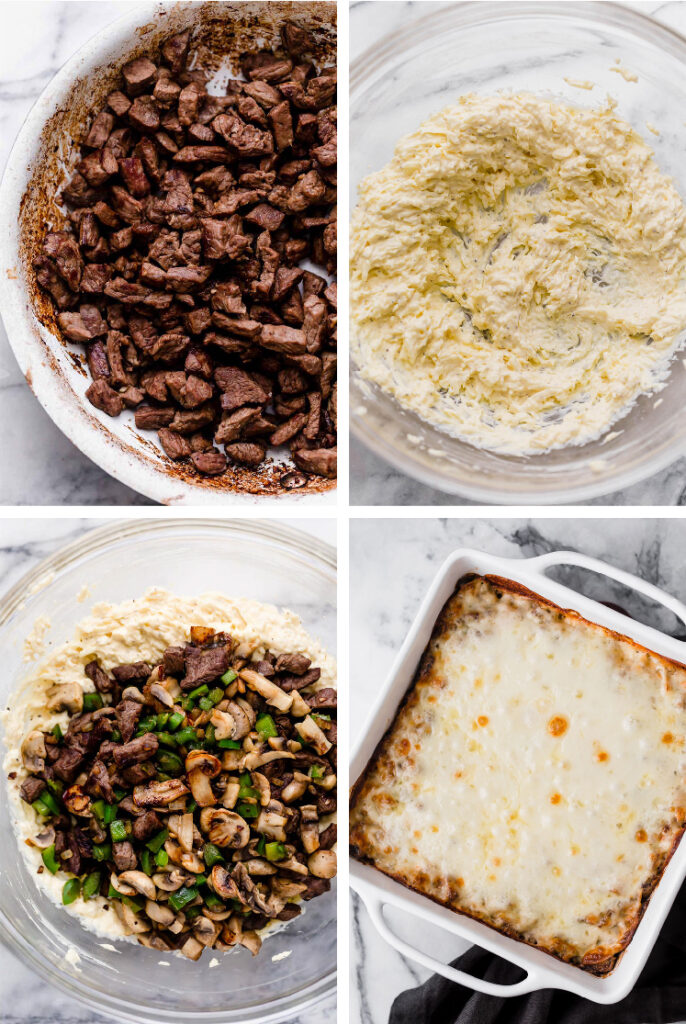 Collage shots of the Low-Carb Philly Cheesesteak Casserole as it’s being prepared and cooked. Upper left photo: Overhead shot of a baking dish with thin strips of cooked and browned sirloin steak cut against the grain sauteed over minced garlic and oil. · Upper right photo: Overhead shot of a glass mixing bowl with well-combined egg, shredded cheddar, cream cheese, pepper, and salt mixed using an electric mixer. · Lower left photo: Overhead shot of a glass mixing bowl with the egg, cheese, and cream mixture topped with cooked steak and vegetables. · Lower right photo: Overhead shot of a baking dish with the baked Low-Carb Philly Cheesesteak Casserole atop a marble countertop.