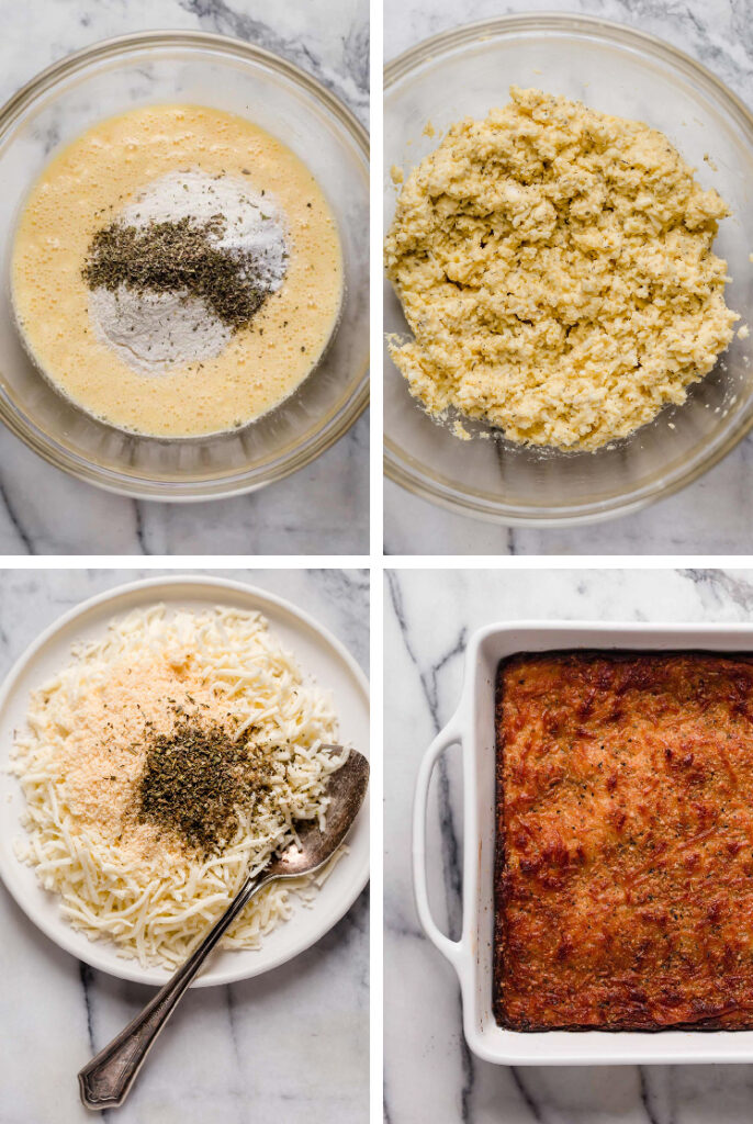 Collage shots of the Keto Cheesy Breadsticks as it’s being prepared and cooked. · Upper left photo: Overhead shot of a glass mixing bowl with well-combined mixture of eggs, shredded mozzarella, grated parmesan, butter, and cream cheese, topped with coconut flour, Italian seasoning, cream of tartar, garlic powder, baking soda, and salt. The bowl rests atop a marble countertop. · Upper right photo: Overhead shot of a glass mixing bowl with well-combined mixture of eggs, shredded mozzarella, grated parmesan, butter, cream cheese, coconut flour, Italian seasoning, cream of tartar, garlic powder, baking soda, and salt. The bowl rests atop a marble countertop. · Lower left photo: Overhead shot of a ceramic plate with shredded mozzarella cheese, grated parmesan cheese, and Italian seasoning. There’s a spoon on the plate, and it rests atop a marble countertop. · Lower right photo: Overhead shot of a baking pan with the keto cheesy breadsticks atop a marble countertop.