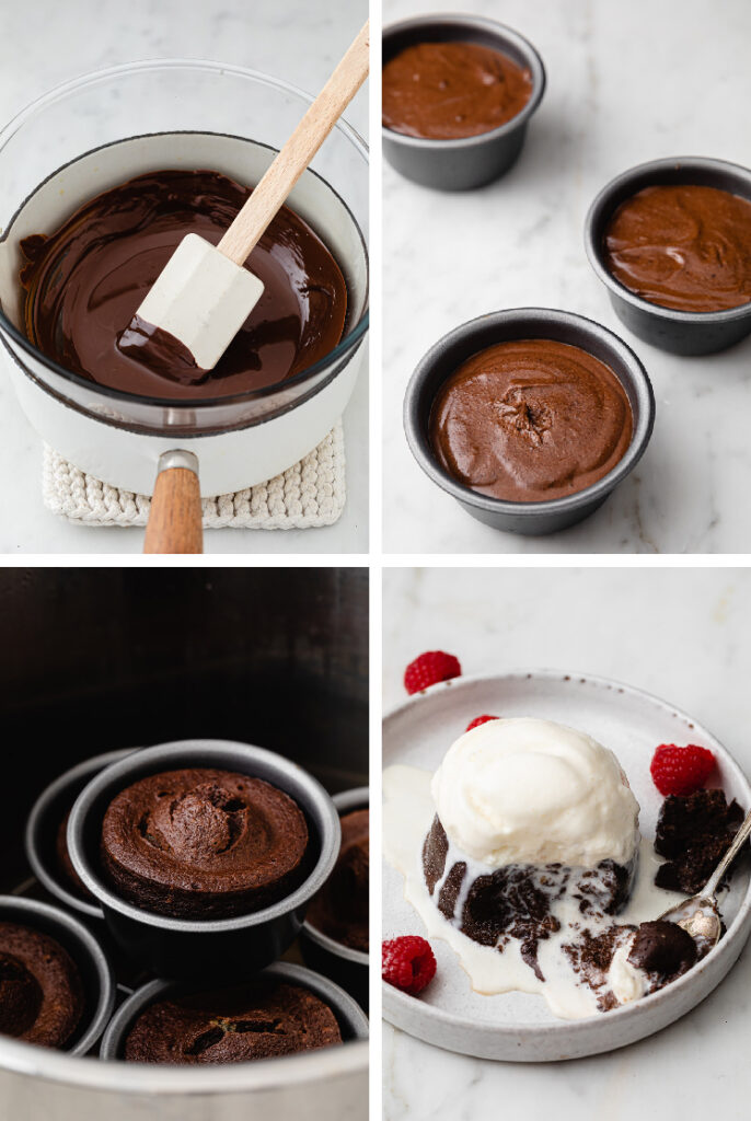 Collage shots of the Instant Pot Lava Cakes recipe. · Upper left photo: Overhead shot of melted dark chocolate in a glass bowl over a large pot, with a spatula for stirring. The dark chocolate was melted using the double boiler method. The pan rests in a square fabric trivet atop a marble countertop. · Upper right photo: Overhead shot of three ramekins filled about ¾ of the way full with the prepared batter. The ramekins are resting atop a marble countertop. · Lower left photo: Close-up angled shot of the five ramekins with the cooked lava cakes inside the Instant Pot. · Lower right photo: Overhead angled close-up shot of the Instant Pot Lava Cake on a ceramic plate topped with keto-friendly ice cream, with the melted portion covering and spilling on the sides of the lava cake. A small portion is scooped up by a spoon, revealing the gooey inside of the lava cake. The plate rests atop a marble countertop.