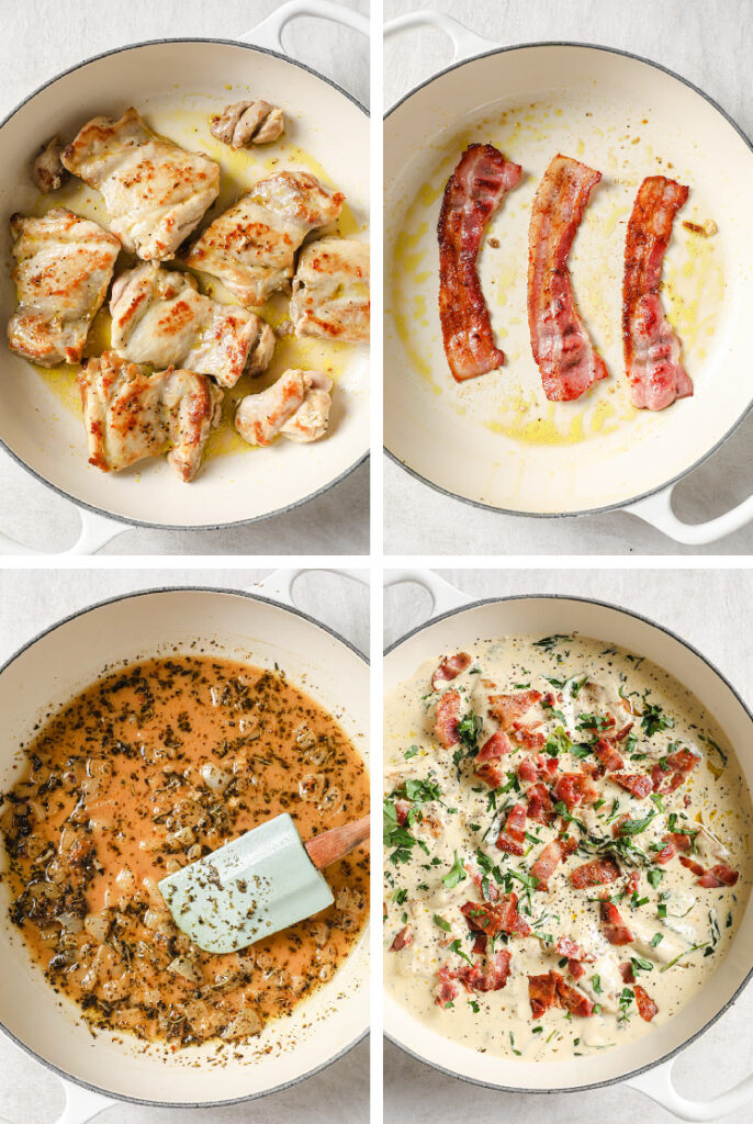 Collage shots of the One-Pan Creamy Dijon Chicken recipe. · Upper left photo: Overhead shot of seasoned chicken thighs cooked in oil on a large pan atop a marble countertop. · Upper right photo: Overhead shot of bacon strips cooked until crispy on a large pan atop a marble countertop. · Lower left photo: Overhead shot of onions, garlic powder, and Italian seasoning cooked with melted butter on a large pan with a cooking spatula used for stirring. The pan sits atop a marble countertop. · Lower right photo: Overhead shot of a large pan with the One-Pan Creamy Dijon Chicken garnished with bacon crumbles, fresh parsley, and freshly-cracked pepper. The pan sits atop a marble countertop.