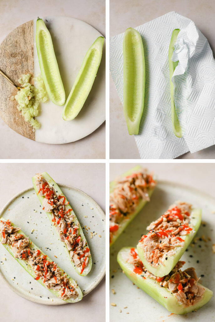 Collage shots of the Spicy Keto Tuna Cucumber Boats With Cream Cheese recipe. · Upper left photo: Overhead shot of a cucumber sliced in half (lengthwise) and deseeded with a spoon on a marble/wood cutting board atop a marble countertop. · Upper right photo: Overhead shot of two cucumber halves (lengthwise), blotted and dried using a paper towel atop a marble countertop. · Lower left photo: Overhead shot of the spicy keto tuna cucumber boats with cream cheese on a ceramic plate atop a marble countertop. · Lower right photo: Angled close-up shot of a spicy keto tuna cucumber boat with cream cheese sliced in half with the remaining cucumber boats on a ceramic plate atop a marble countertop.