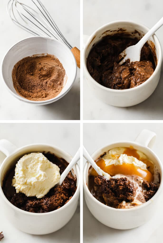 Collage shots of the Low-Carb Double Chocolate Mug Cake recipe. · Upper left photo: Overhead shot of ground sunflower seed meal and unsweetened cocoa powder on a small bowl beside a whisk atop a marble countertop. · Upper right photo: Overhead shot of the low-carb double chocolate batter and sea salt extra dark chocolate bar pieces in a microwavable mug atop a marble countertop. · Lower left photo: Overhead shot of a mug with the Low-Carb Double Chocolate Mug Cake garnished with a scoop of ice cream. The mug has a spoon and rests atop a marble countertop. · Lower right photo: Overhead angled shot of a mug with the Low-Carb Double Chocolate Mug Cake garnished with a scoop of ice cream and drizzled with caramel. The mug has a spoon and rests atop a marble countertop.
