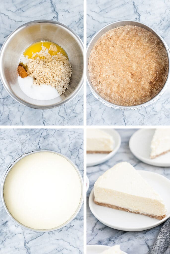 Collage shots of the Nut-Free Keto Cheesecake recipe. · Upper left photo: Overhead shot of pulsed sesame seeds and shredded coconut, melted butter, monk fruit sweetener, cinnamon, and salt in an aluminum mixing bowl atop a marble countertop. · Upper right photo: Overhead shot of Nut-Free Keto Cheesecake crust in a 9-inch springform pan atop a marble countertop. · Lower left photo: Overhead shot of the baked Nut-Free Keto Cheesecake in a springform pan atop a marble countertop. · Lower right photo: Overhead angled shot of slices of Nut-Free Keto Cheesecake served on small white plates atop a marble countertop.