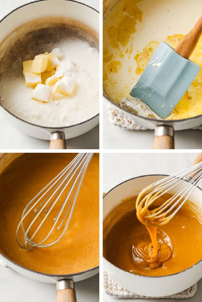 Collage shots of the Easy Keto Caramel Recipe With Allulose recipe. · Upper left photo: Overhead shot of butter and allulose in a saucepan with a wooden handle atop marble countertop. · Upper right photo: Overhead shot of melted butter and allulose mixture and heavy cream in a saucepan over a braided cloth trivet atop a marble countertop. There's a rubber spatula with a wooden handle used for stirring in the saucepan. · Lower left photo: Overhead shot of caramel in a saucepan with a wooden handle and a whisk used for stirring. The saucepan rests over a braided cloth trivet atop marble countertop. · Lower right photo: Overhead shot of caramel in a saucepan with a wooden handle over a braided cloth trivet atop marble countertop. A whisk is held over the saucepan with caramel dripping under it.