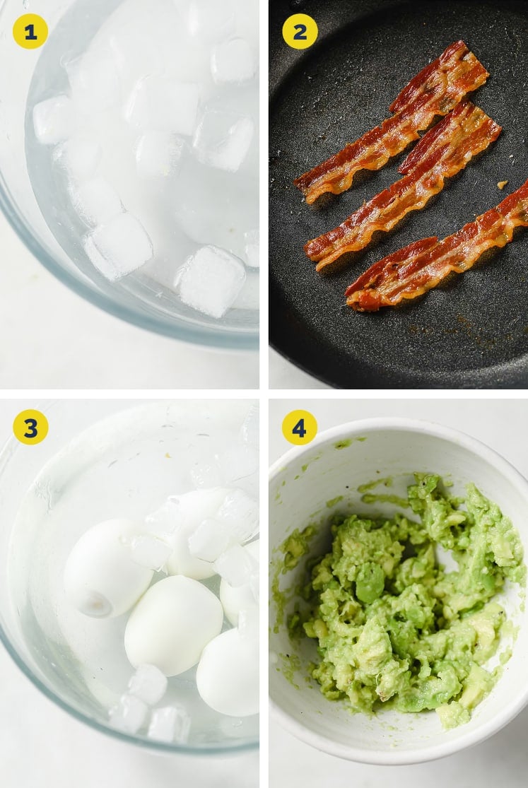 Collage shots of the Breakfast Egg Sliders recipe (steps 1 to 4) · Upper left photo: Overhead close-up shot of a bowl with water and ice cubes (ice bath) atop a marble countertop. · Upper right photo: Overhead shot of slices of bacon cooked on a non-stick frying pan until crispy. · Lower left photo: Overhead shot of boiled eggs in an ice bath (a bowl filled with water and ice cubes) atop a marble countertop. · Lower right photo: Overhead shot of mashed avocado with lime juice, pepper, and salt in a bowl atop a marble countertop.