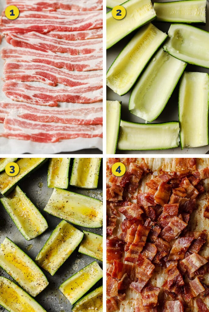 Collage of process of making Loaded Keto Zucchini Boat Potato Skins featuring steps 1-4.