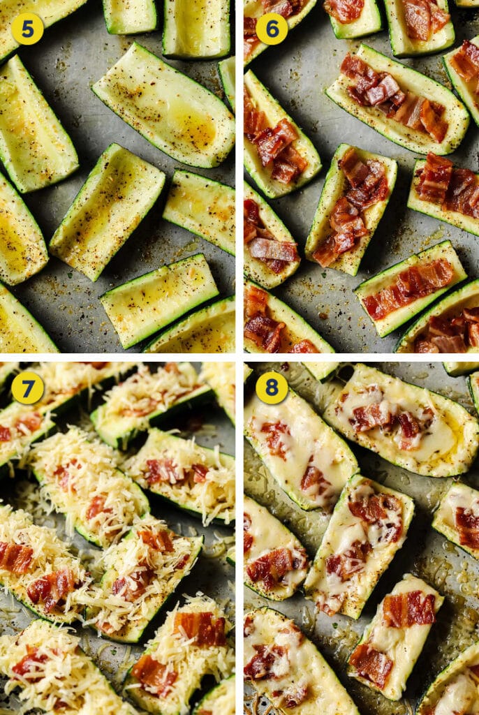 Collage of process of making Loaded Keto Zucchini Boat Potato Skins featuring steps 5-8.