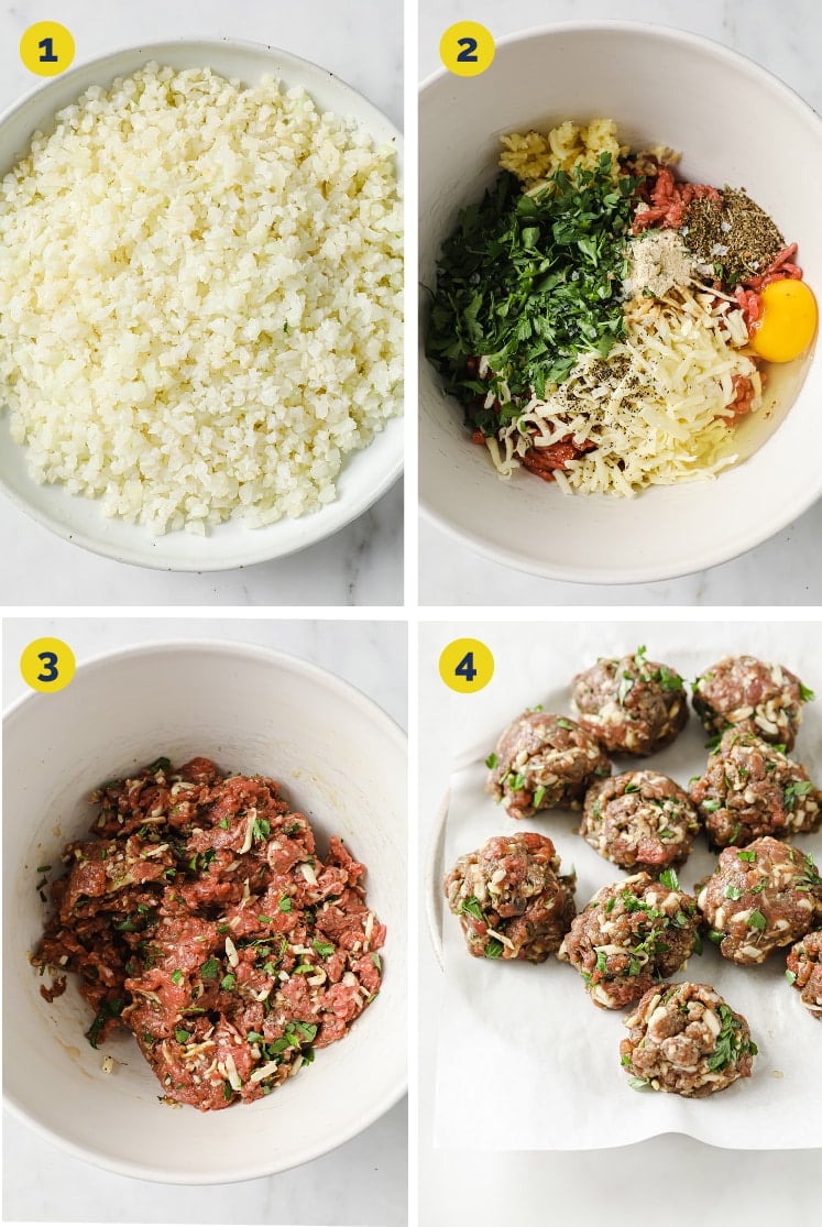Collage shots of the Meal Prep Low-Carb Meatballs And Cauliflower Rice Collage (Steps 1 to 4) · Upper left photo: Overhead shot of steamable cauliflower rice in a ceramic bowl atop a marble countertop. · Upper right photo: Overhead shot of ground beef, shredded mozzarella, fresh parsley, egg, minced garlic, coconut aminos, Italian seasoning, onion powder, salt, and pepper in a large ceramic bowl atop a marble countertop. · Lower left photo: Overhead shot of mixed ingredients for the meatballs in a ceramic bowl atop a marble countertop. · Lower right photo: Overhead shot of raw meatballs on a parchment paper-lined ceramic plate atop a marble countertop.
