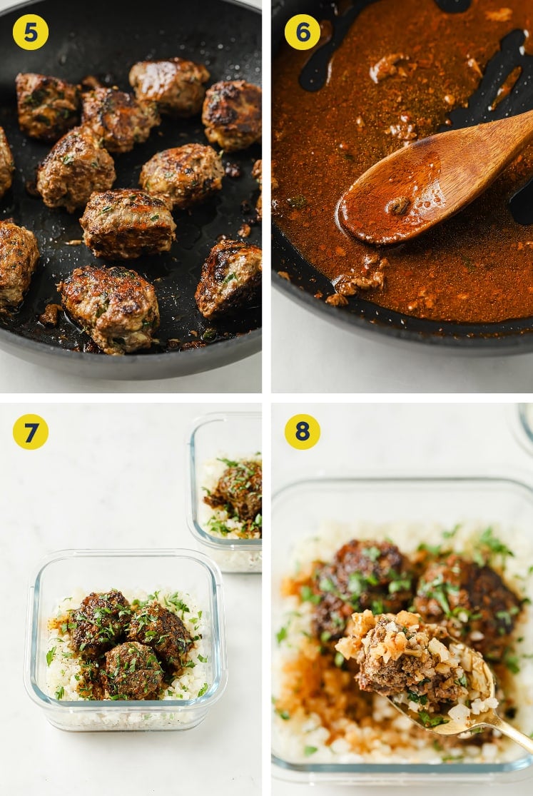 Collage shots of the Meal Prep Low-Carb Meatballs And Cauliflower Rice Collage (Steps 5 to 8) · Upper left photo: Overhead shot of meatballs cooked thoroughly until browned in butter on a large pan atop a marble countertop. · Upper right photo: Overhead shot of remaining juices from the meatballs, scraped up browned bits using a wooden spoon, butter, chicken stock, hot sauce, and red pepper flakes in a large pan atop a marble countertop. · Lower left photo: Angled overhead shot of steamed cauliflower rice and three meatballs drizzled with sauce and garnished with fresh parsley in a glass meal prep container atop a marble countertop. In the background, there’s another meal prep container with cauliflower rice and meatballs. · Lower right photo: Close-up shot of steamed cauliflower rice and half meatball drizzled with sauce and garnished with fresh parsley in a spoon over a glass meal prep container with the same dish atop a marble countertop.