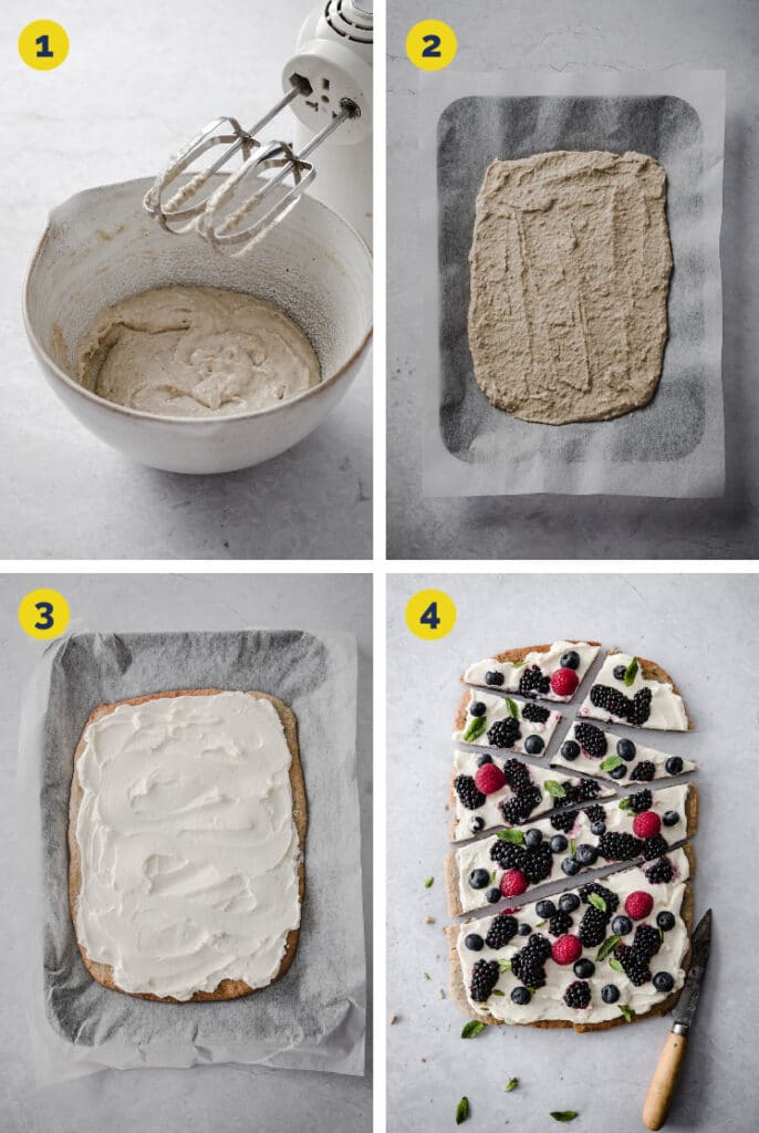 Process of the 4 steps of how to make this fruit pizza recipe.