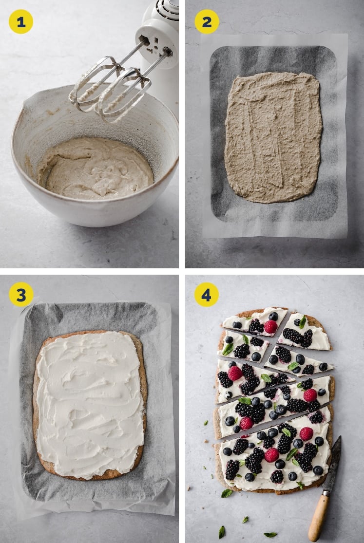 process shots collage showing the fruit pizza crust and cream cheese frosting being prepared