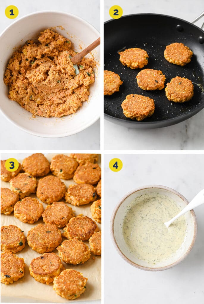 Process of how to make salmon patties with homemade aioli.