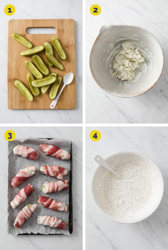 The step-by-step process of making pickle boats with homemade ranch.