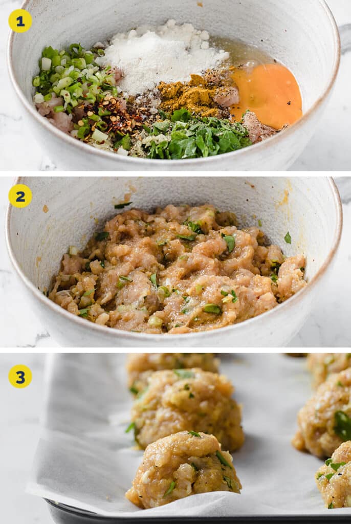 The first three steps for how to make thai turkey meatballs.