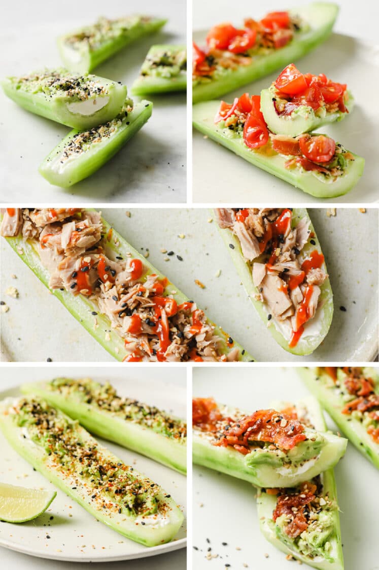 Collage of 5 low-carb cucumber boats