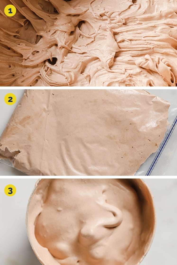 Process Shots Collage of the Keto Frosty (Steps 1 to 3) · First photo: Heavy cream, powdered monk fruit sweetener, and cocoa powder in a large bowl mixed using a hand mixer with stiff peaks forming. · Second photo: Mixed keto frosty ingredients in a storage baggie atop a marble countertop. · Third photo: Keto Frosty in a large glass cup atop a marble countertop.