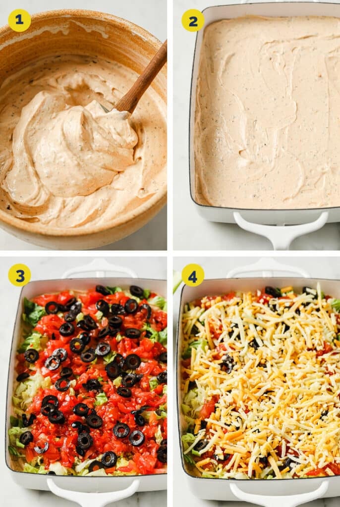 The process of how to make taco dip from start to finish.