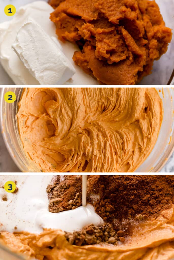 Process of how to make pumpkin cheesecake fluff.