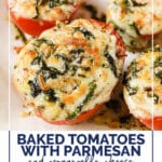 Baked Tomatoes With Parmesan And Mozzarella Cheese WordPress Pin. The photo shows the Baked Tomatoes With Parmesan And Mozzarella Cheese dish on a parchment paper-lined baking pan. Below the photo, there’s text that reads: Baked Tomatoes With Parmesan And Mozzarella Cheese. There’s also an avocado-green box with text that reads: “keto · coconut-free · vegetarian”. At the bottom, there’s text that reads: “realbalanced.com”.