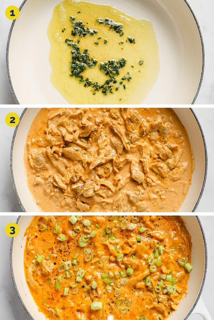 Process Shots Collage of the Green Chile Chicken With Leftover Shredded Chicken Thighs (Steps 1 to 3) · First photo: Chopped jalapeño sauteed in melted butter on a cast iron skillet pan. · Second photo: Sauteed jalapeño, shredded cheddar, heavy cream, whole milk, cream cheese, green chiles, spices, and shredded chicken on a cast iron skillet pan. · Third photo: Green Chile Chicken With Leftover Shredded Chicken Thighs garnished with chopped green onions and black pepper in a cast iron skillet pan with a wooden spatula for serving atop a marble counter.