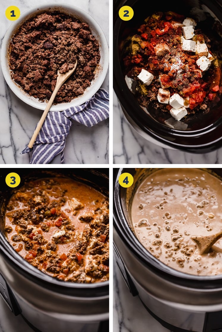 Process Shots Collage of the Crock Pot Taco Soup (Steps 1 to 4) · Upper left photo: Ground beef cooked until browned on a large skillet with a wooden mixing spoon atop a marble counter. · Upper right photo: Browned ground beef, cubed cream cheese, canned tomatoes with green chiles, and spices in a crock pot. · Lower left photo: Browned ground beef, cubed cream cheese, canned tomatoes with green chiles, and spices with beef broth and heavy cream stirred together in a crock pot. · Lower right photo: Crock Pot Taco Soup being stirred using a big wooden spoon.