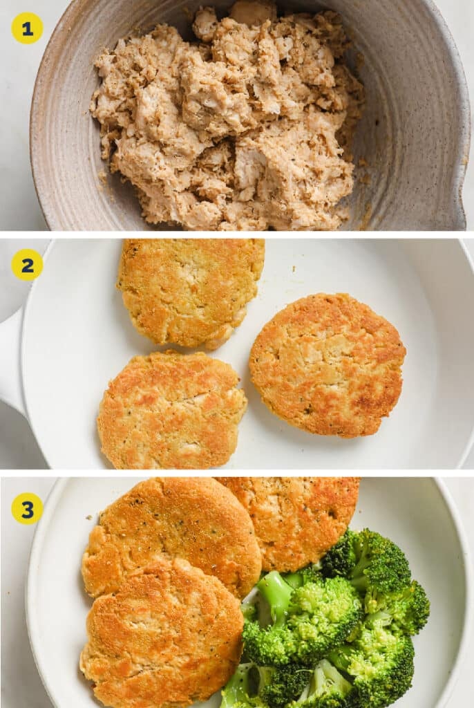 Process Shots Collage of the Canned Chicken Patties (Steps 1 to 3) · First photo: Cooked Canned Chicken Patties in a large pan atop a marble counter. · Second photo: Cooked Canned Chicken Patties in a large pan atop a marble counter. · Third photo: Canned Chicken Patties and steamed broccoli florets garnished with freshly cracked black pepper on a plate atop a marble counter.