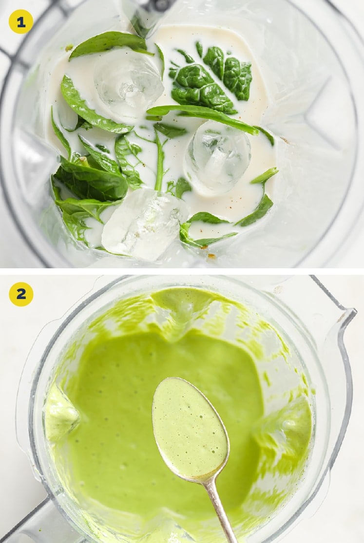 Process shots for the green smoothie, steps 1 and 2. First photo: the smoothie ingredients in a high-speed blender. Second photo: the freshly blended green smoothie in a high-speed blender with a spoonful held above it.