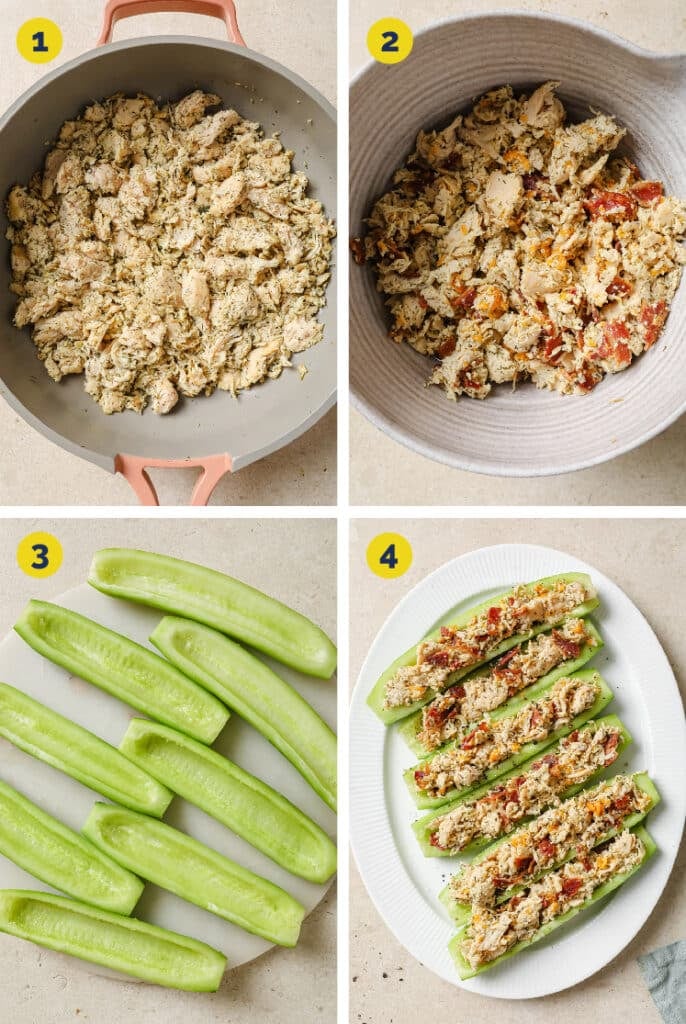 The steps required to make chicken salad cucumber boats.