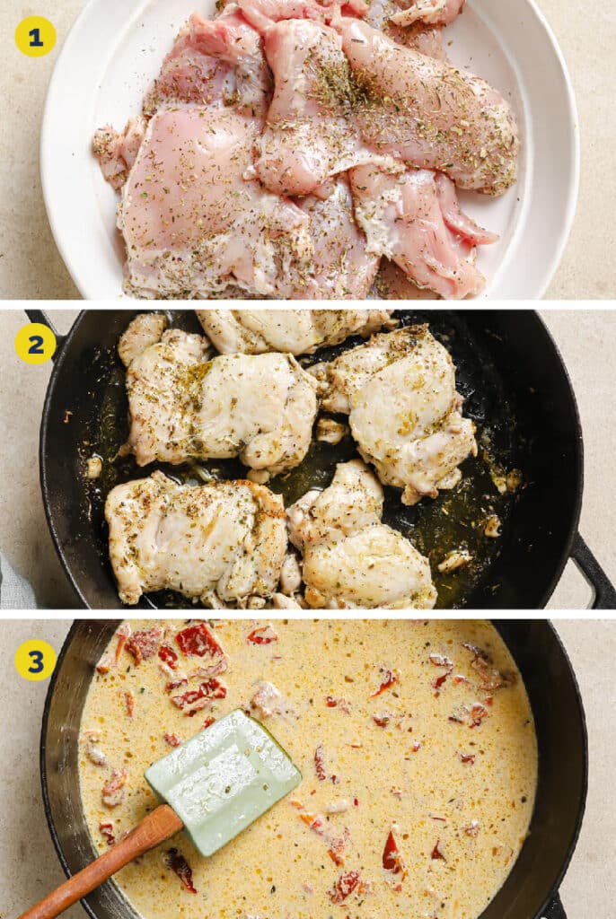 The initial steps for how to make creamy sun dried tomato chicken.