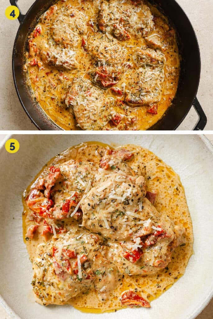 The finals steps for how to make creamy sun dried tomato chicken.
