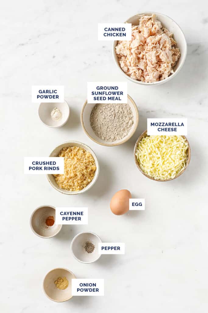 Ingredients needed for homemade keto chicken nuggets.