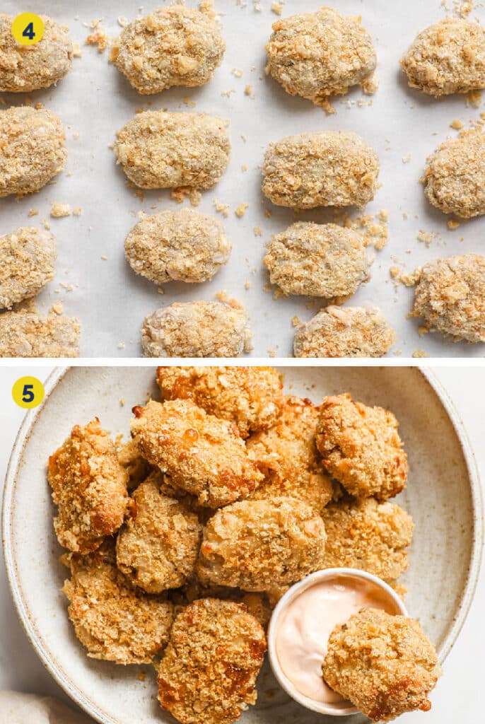 The fourth and fifth steps required to make chicken nuggets.