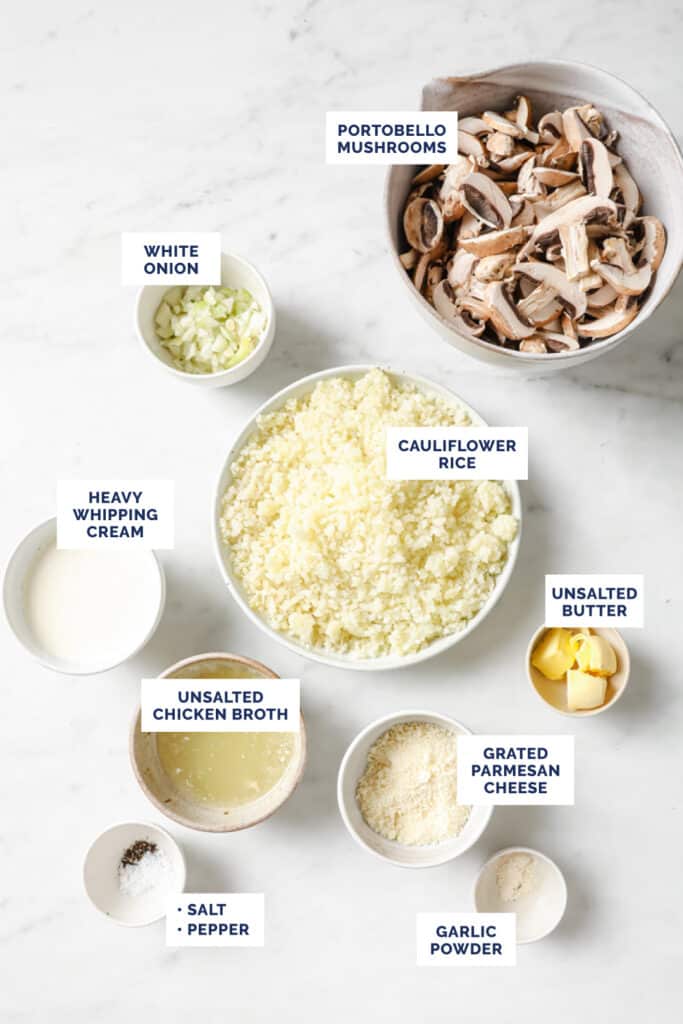 Labeled ingredients that are required to make cauliflower risotto with mushrooms.