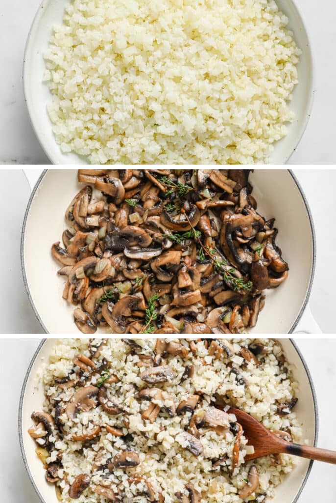 The initial steps required to make cauliflower rice risotto.