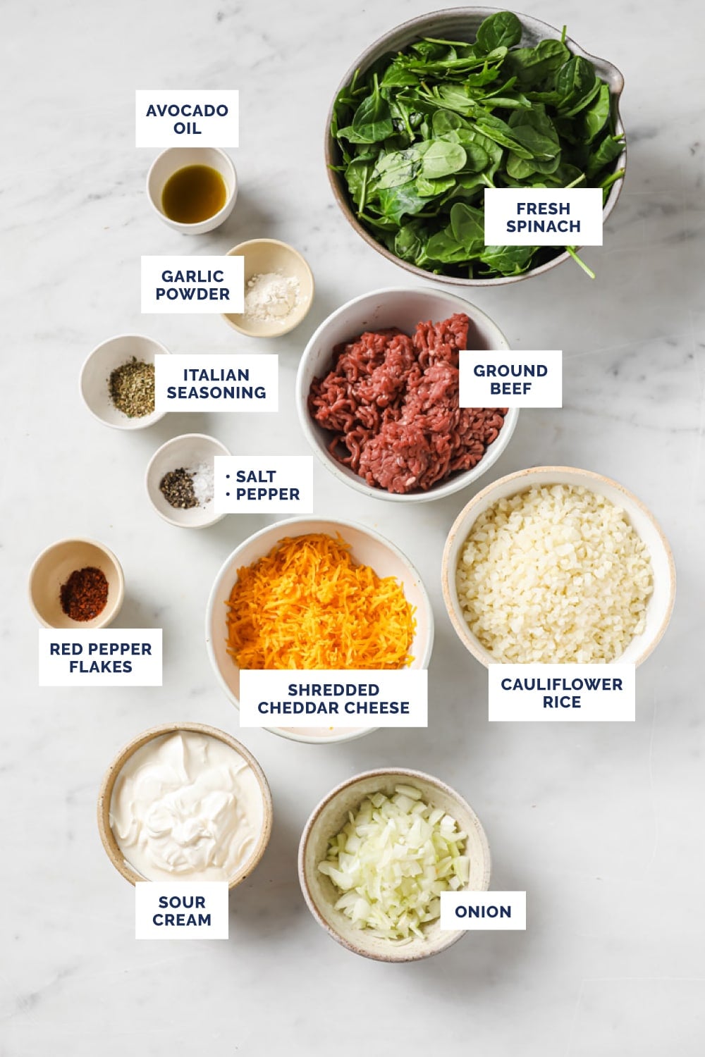 Labeled ingredients for the Cheesy Beef Casserole With Cauliflower Rice And Spinach recipe.