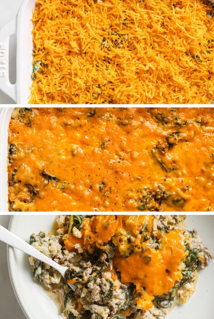 The step-by-step process of how to make Cheesy Beef Casserole With Cauliflower Rice And Spinach.
