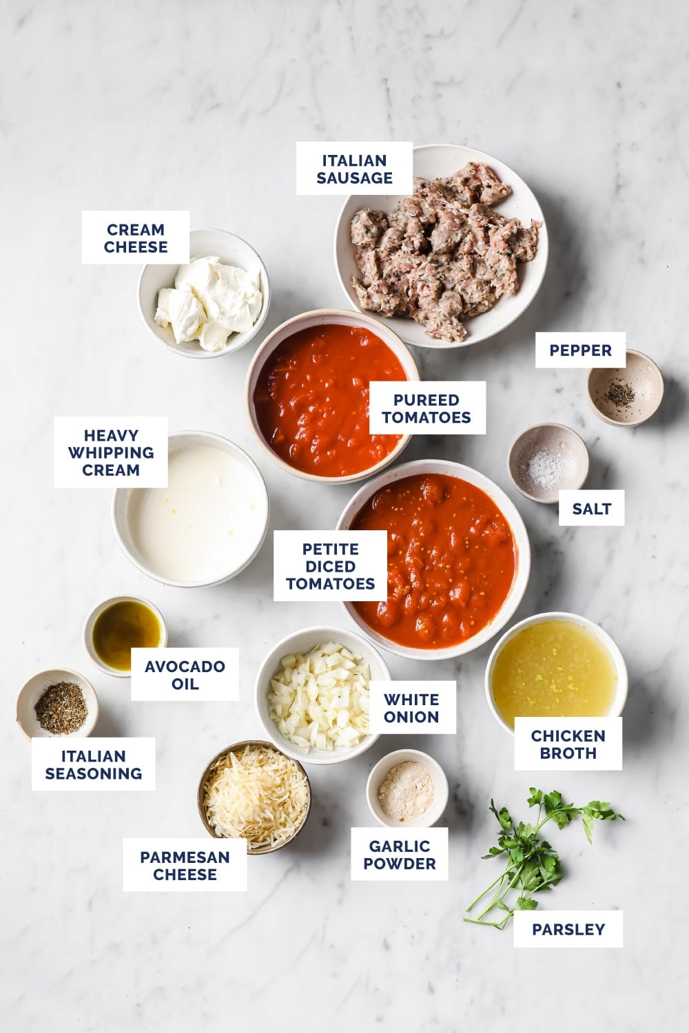 Labeled ingredients for the Creamy Italian Sausage Soup recipe.