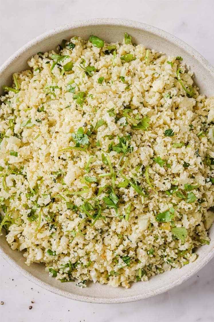 A bowl of cilantro lime cauliflower rice.