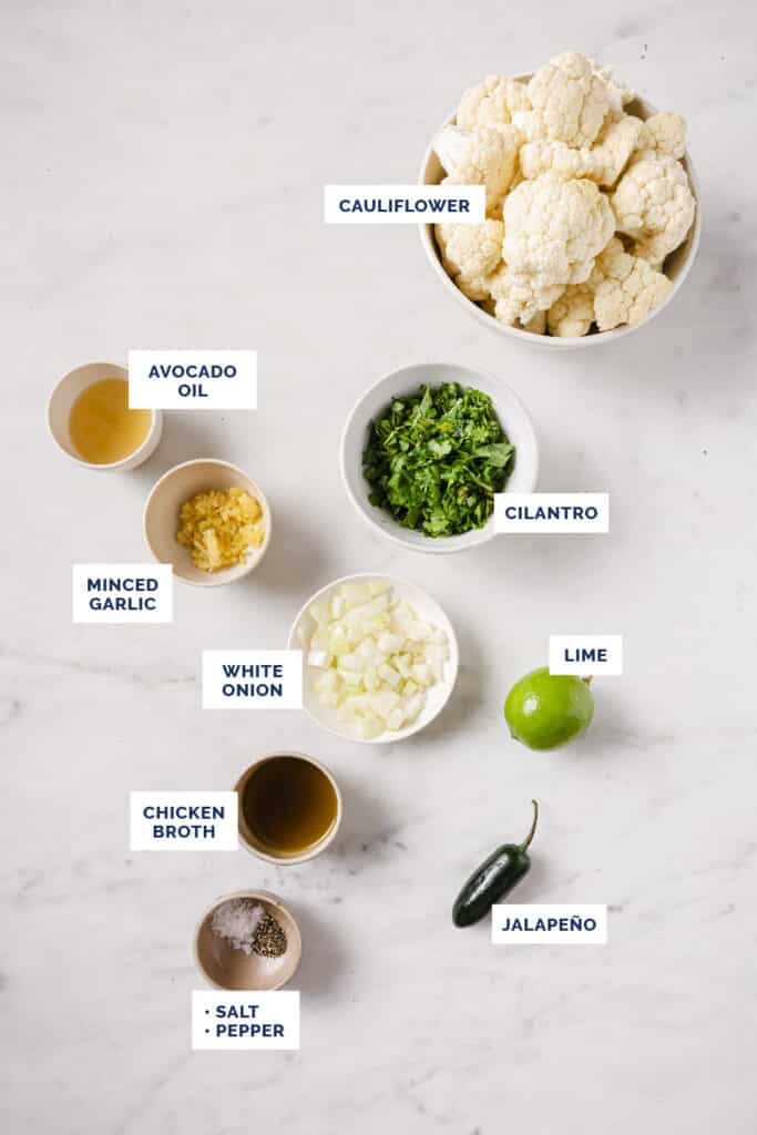 Labeled ingredients needed to make cilantro lime cauliflower rice.