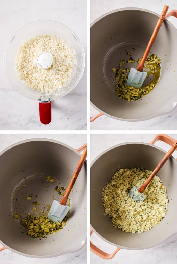 The step-by-step process of how to make cilantro lime cauliflower rice.