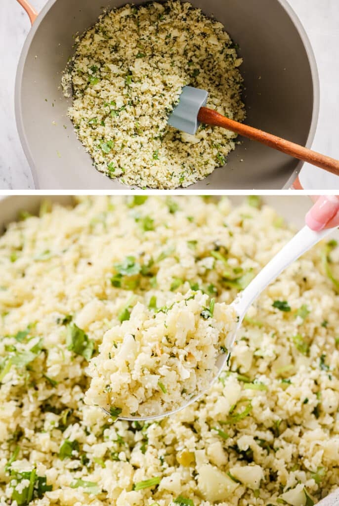 The final steps for how to make cilantro lime cauliflower rice.