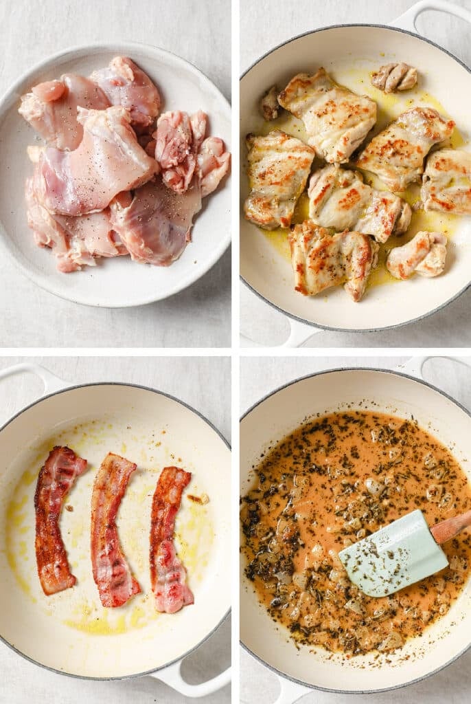 The step-by-step process of how to make creamy dijon chicken.