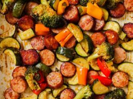 sheet pan polish sausage + vegetables - Adoring Kitchen %