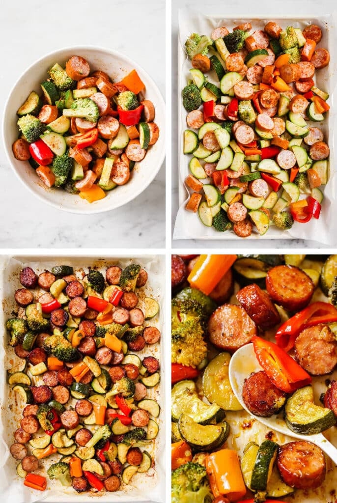 The step-by-step process of how to make this sausage and veggies sheet pan dinner.