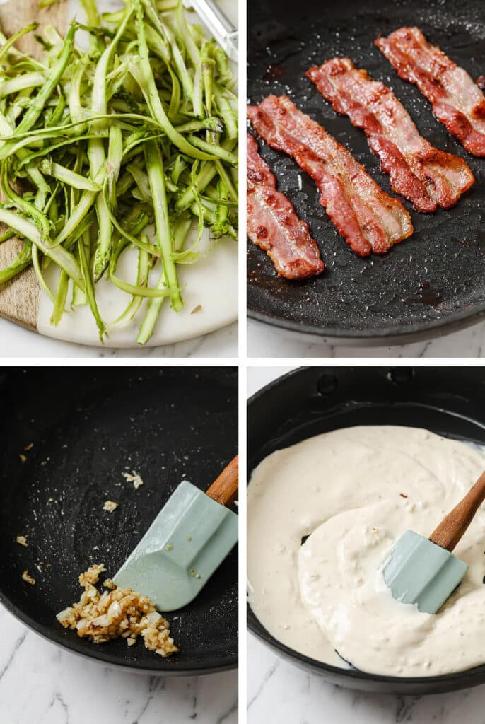The initial steps for how to make asparagus noodles with alfredo sauce and bacon.
