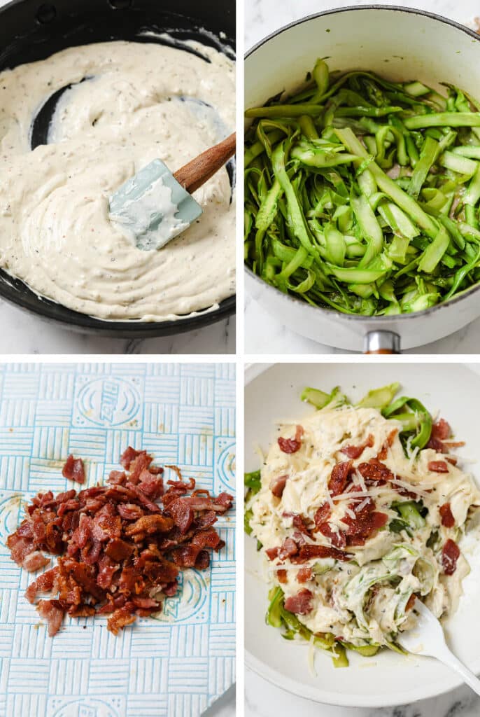 The final steps for how to make asparagus noodles with alfredo sauce and bacon.