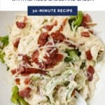 Pinterest graphic for asparagus noodles with alfredo sauce and bacon recipe.