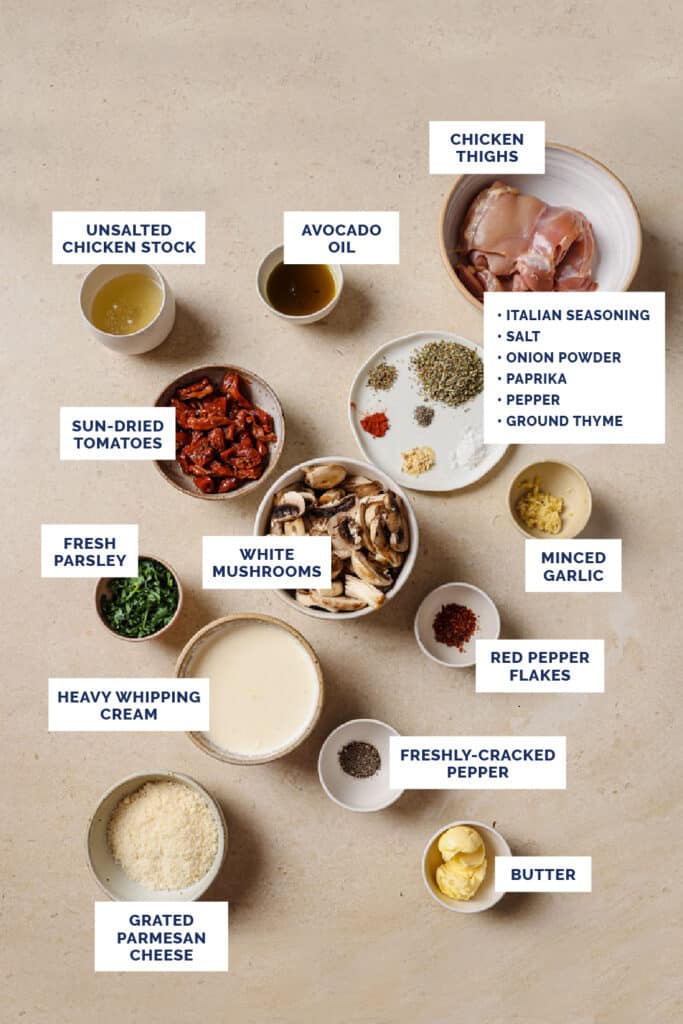 The ingredients needed to make chicken with creamy mushroom sauce.