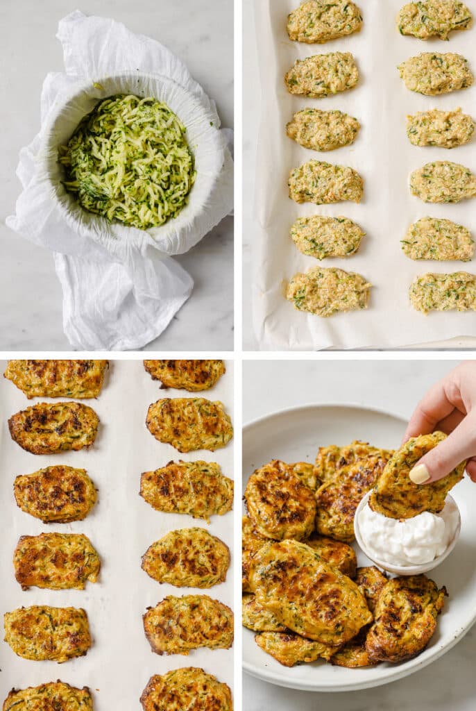 The step-by-step process for how to make zucchini bites.