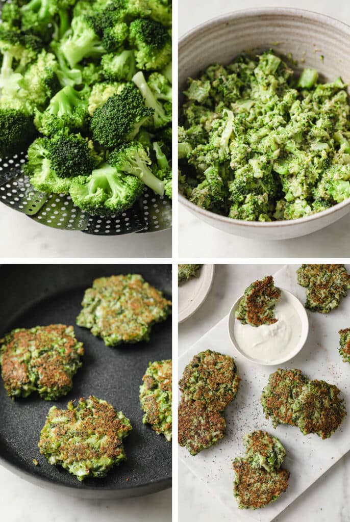 The step-by-step process of how to make broccoli fritters.